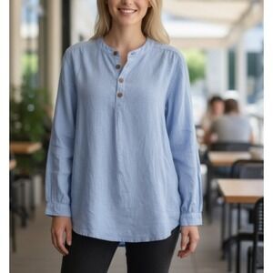 J Peterman Womens Cotton Popover Tunic Top Button Blue Long Sleeve Size Large‎